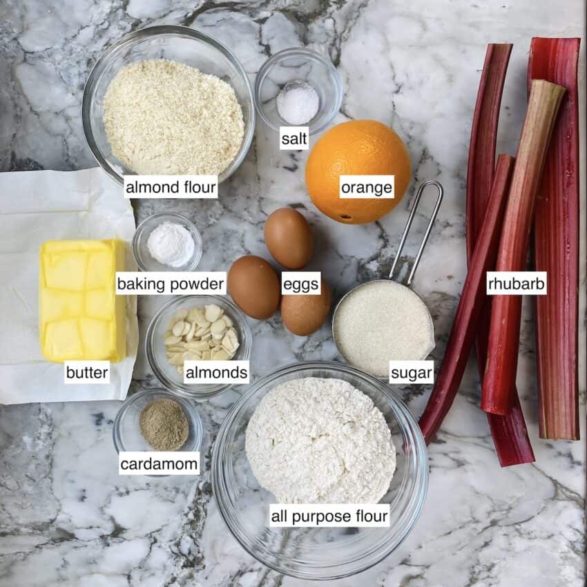 ingredients for rhubarb, orange and cardamom cake 