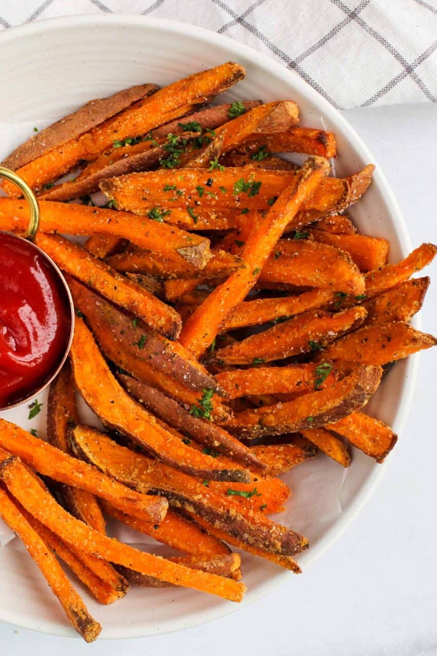 sweet potato fries served with ketchup
