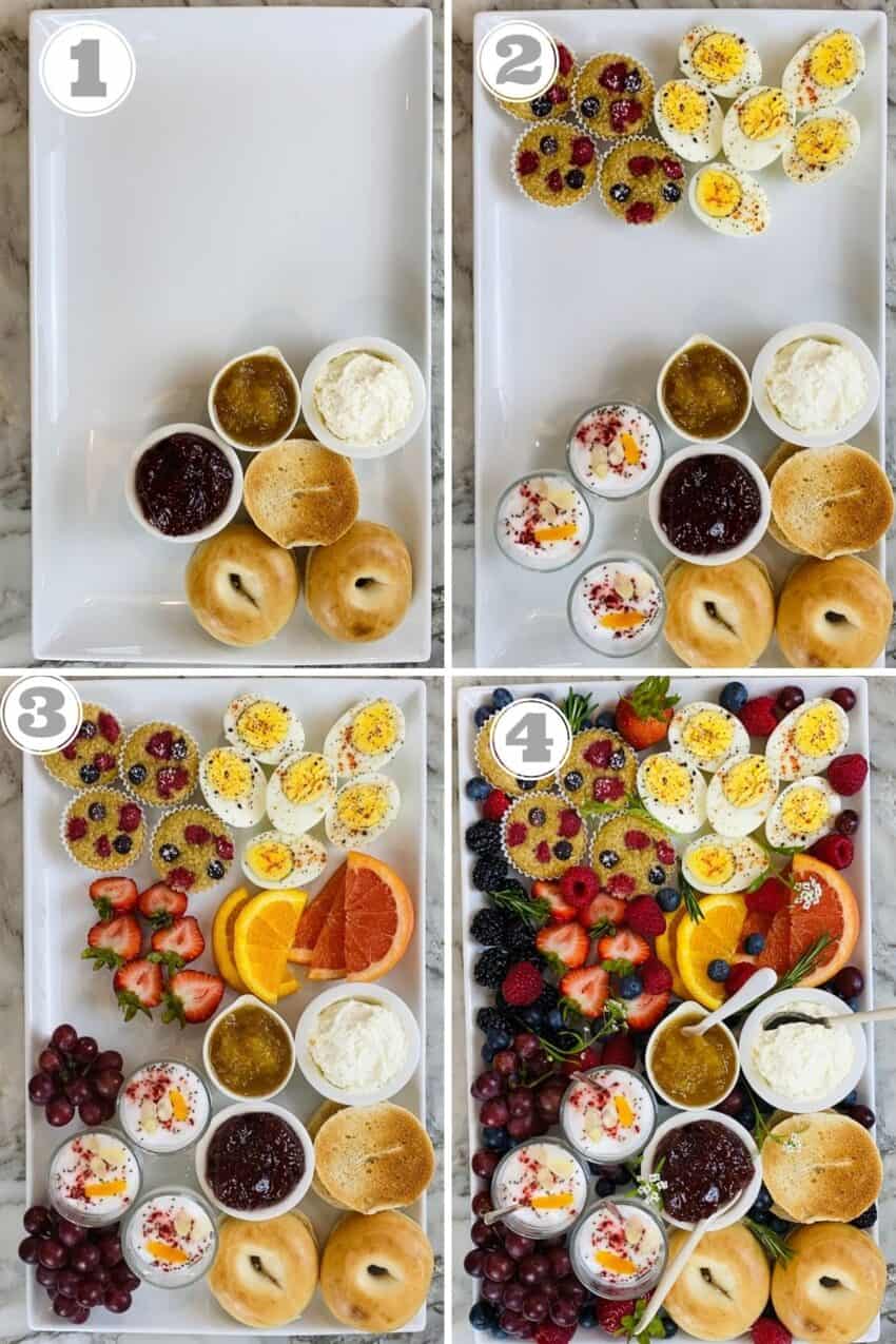 steps one through four of putting together breakfast board 