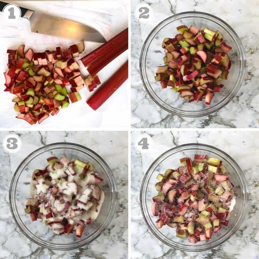 photos one through four showing how to prep rhubarb for the cake 