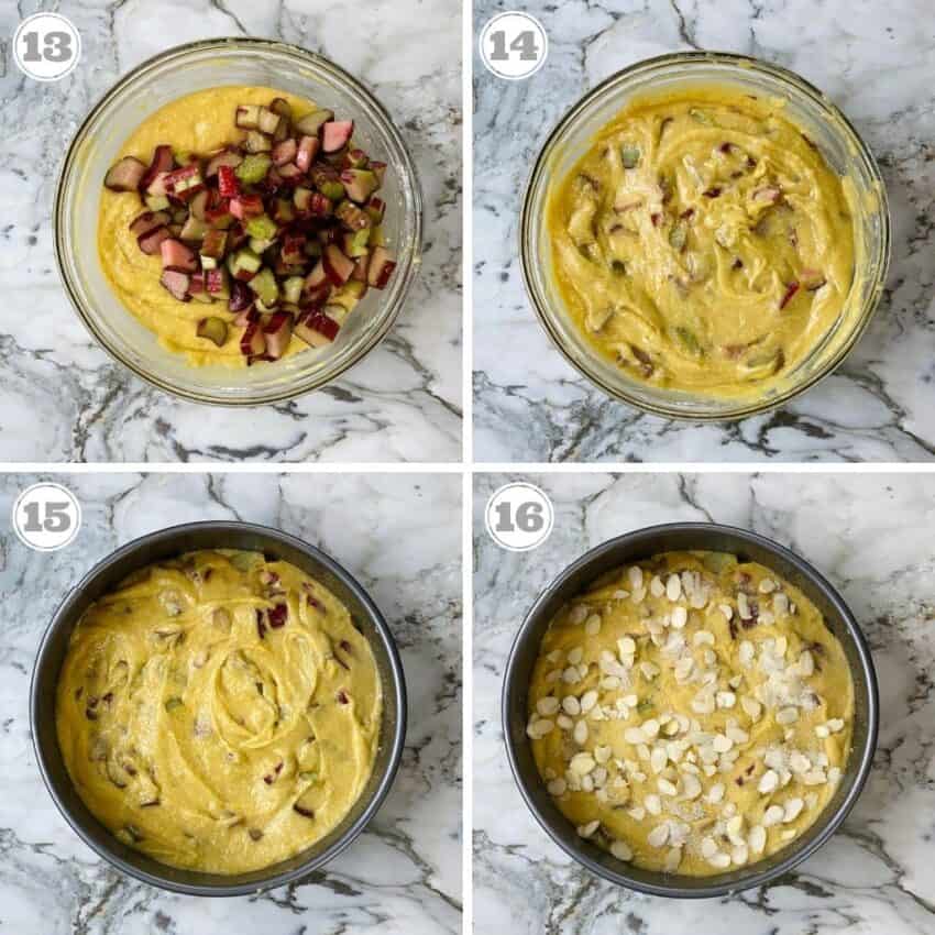 photos thirteen through sixteen showing rhubarb cake batter ready to be baked