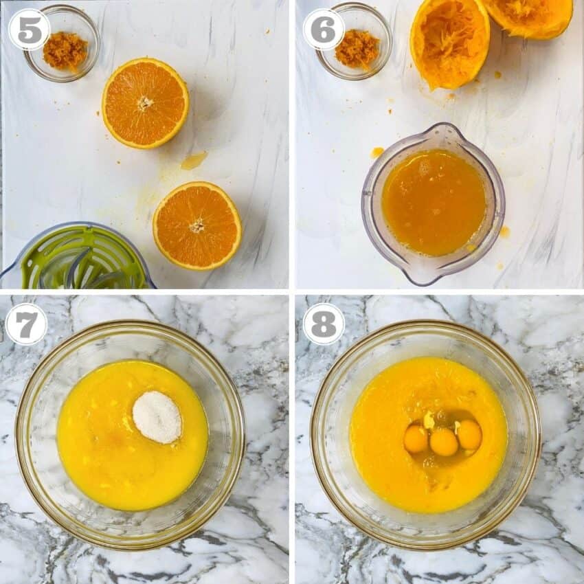 photos five through eight - zest and juice orange and mixing wet ingredients for the cake 