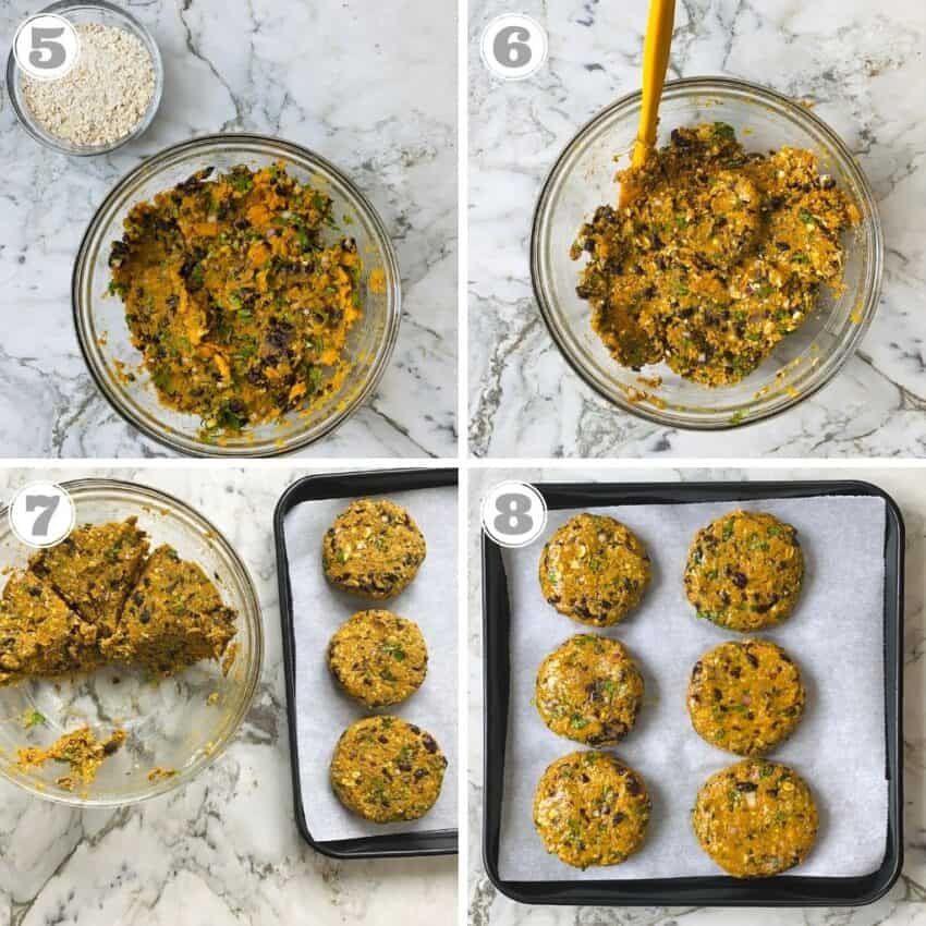 photos five through eight showing how to make the patties for black bean burgers 