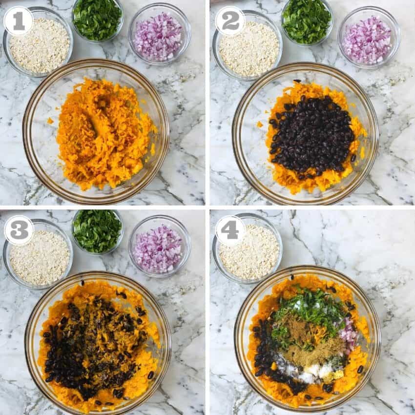photos one through four showing how to make black bean burgers 