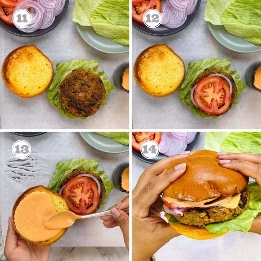 photos eleven through fourteen assembling sweet potato and black bean burgers 