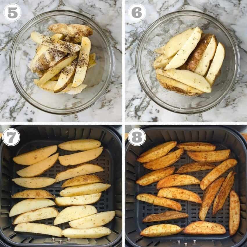 photos five through eight showing seasoning and air frying potato wedges 