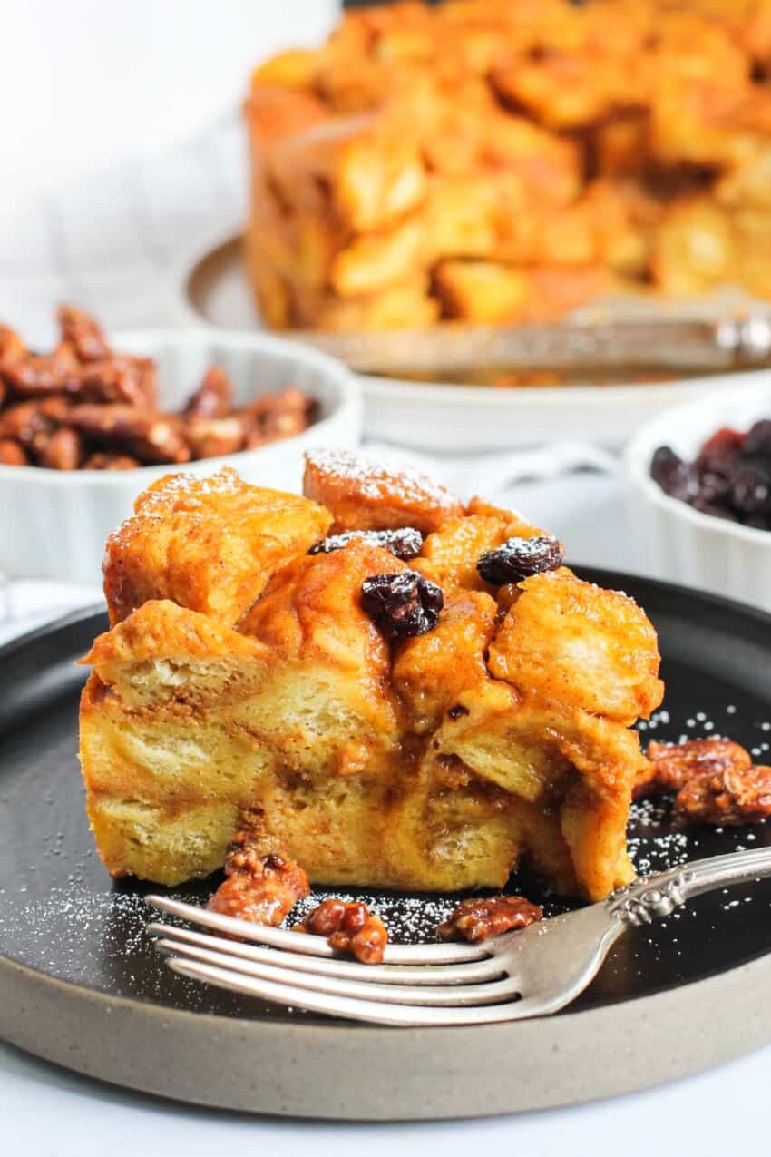 pumpkin bread pudding with powdered sugar