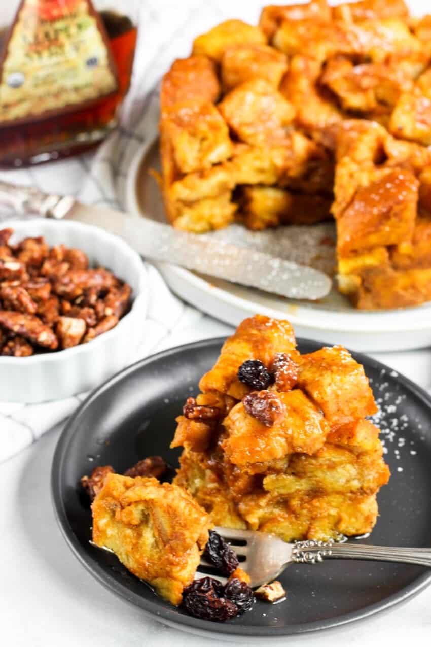 pumpkin bread pudding with pecans and raisins