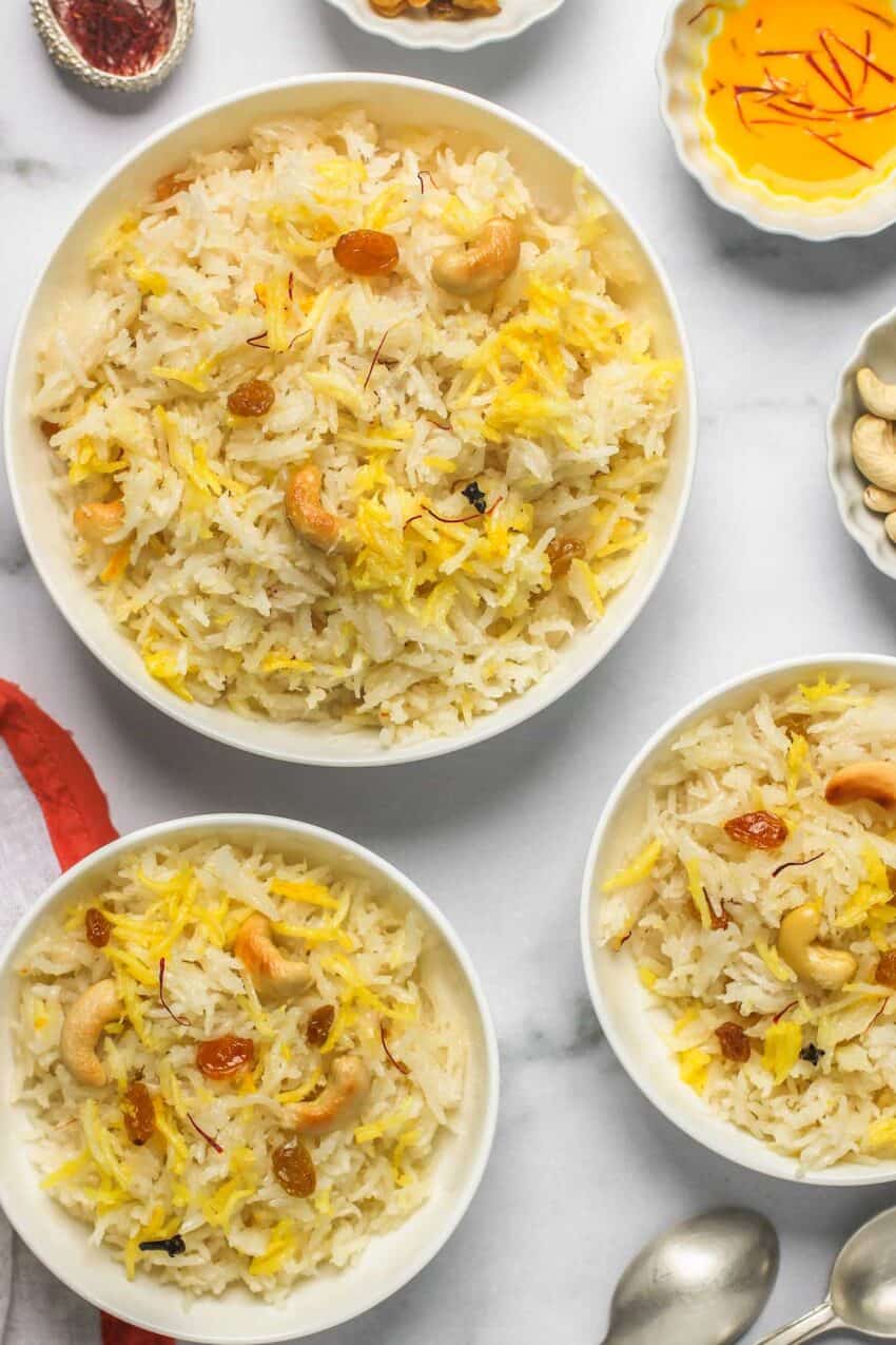 sweet coconut rice served in 3 white bowls