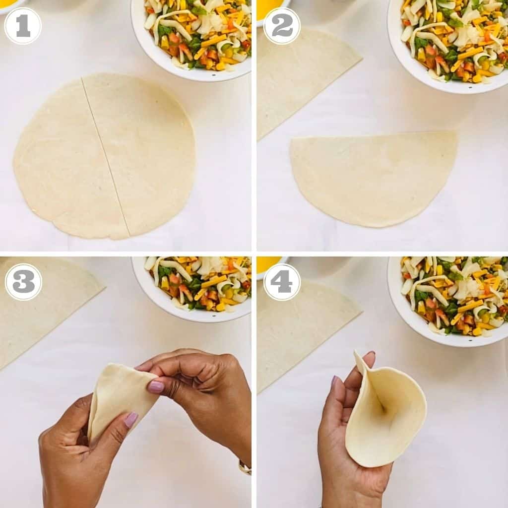 photos one through four showing how to make samosa using frozen paratha dough 