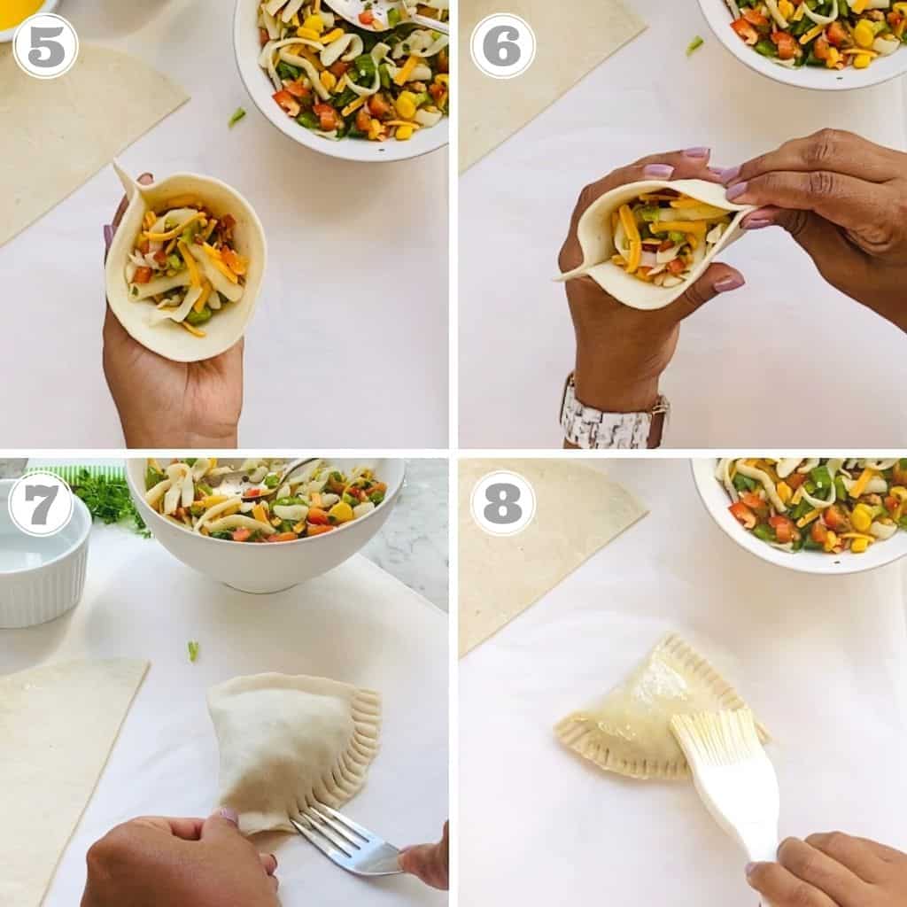 photos five through eight showing how to stuff and seal samosas 