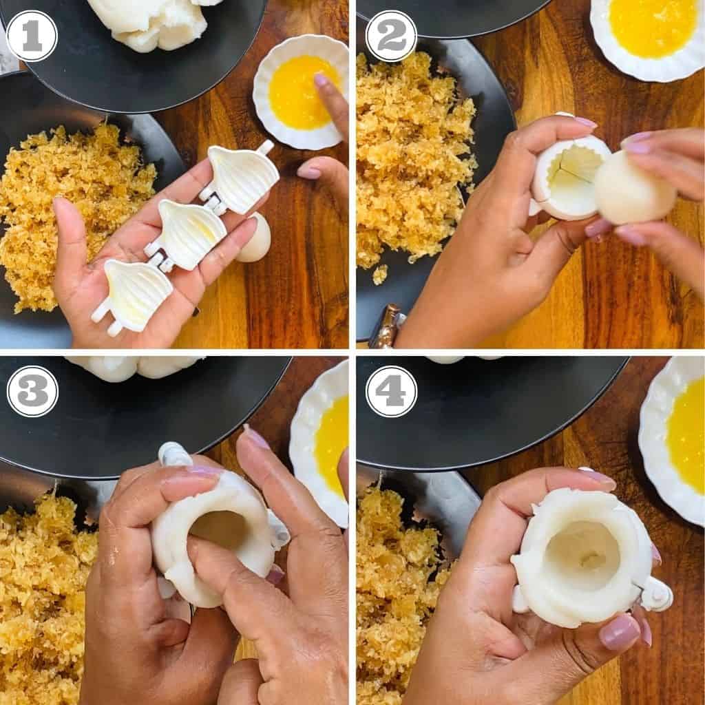 photos one through four showing how to shape and fill ukadiche modak 
