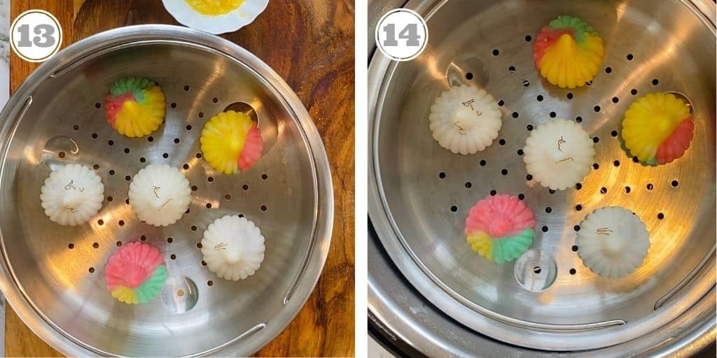 photos thirteen and fourteen showing modak in a steamer pot 