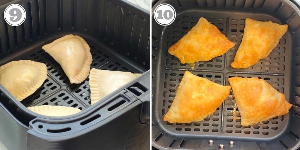 photos nine and ten showing air frying samosas