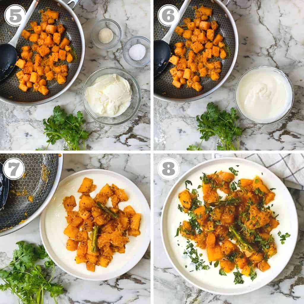 photo five through eight showing cooked pumpkin mixed in yogurt and garnished with cilantro