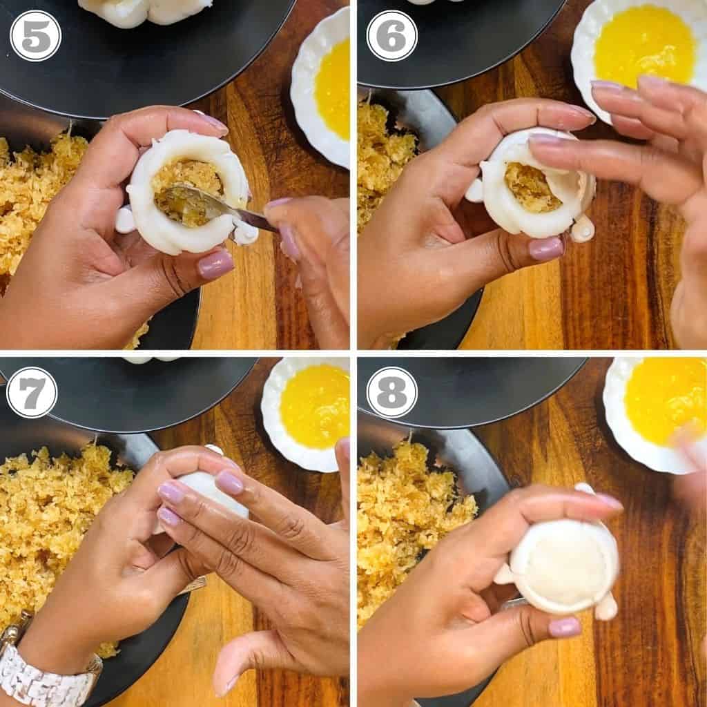 photos five through eight showing how to seal ukadiche modak 