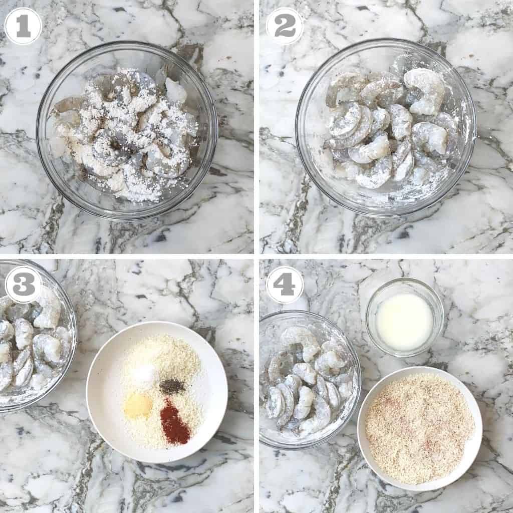 photos one through four showing how to prep shrimp and coating 