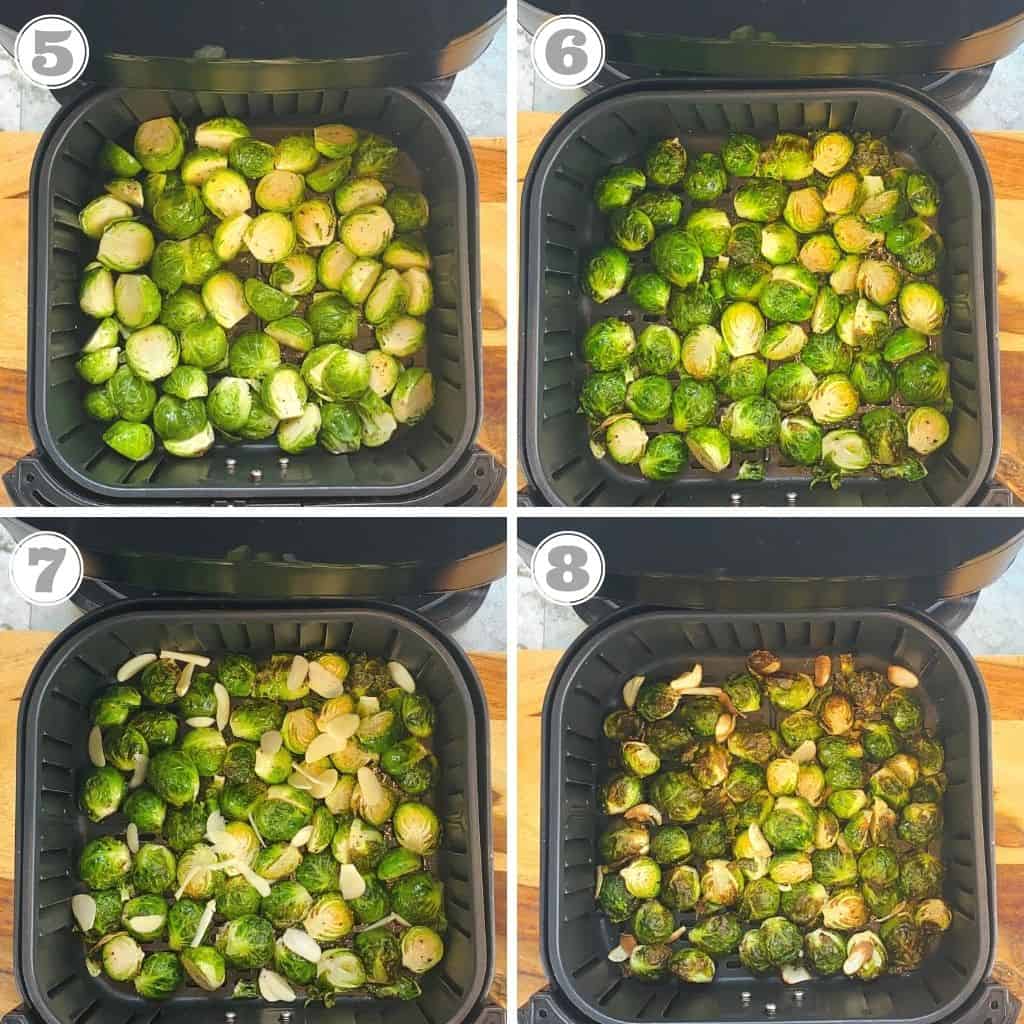 photos five through eight showing air frying Brussels sprouts 