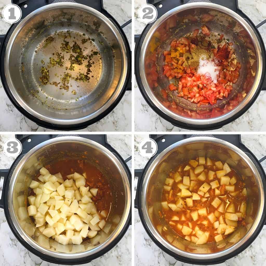 photos one through four showing how to make aloo rasedar in instant pot 