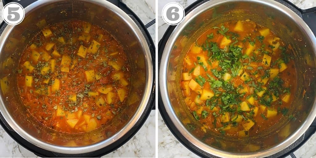photos five and six showing potato curry garnished with kasoori methi and cilantro 