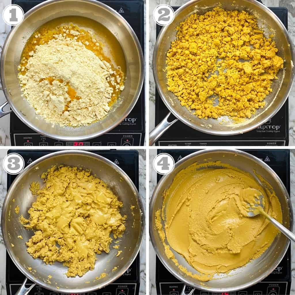 photos one through four showing roasting besan and ghee  