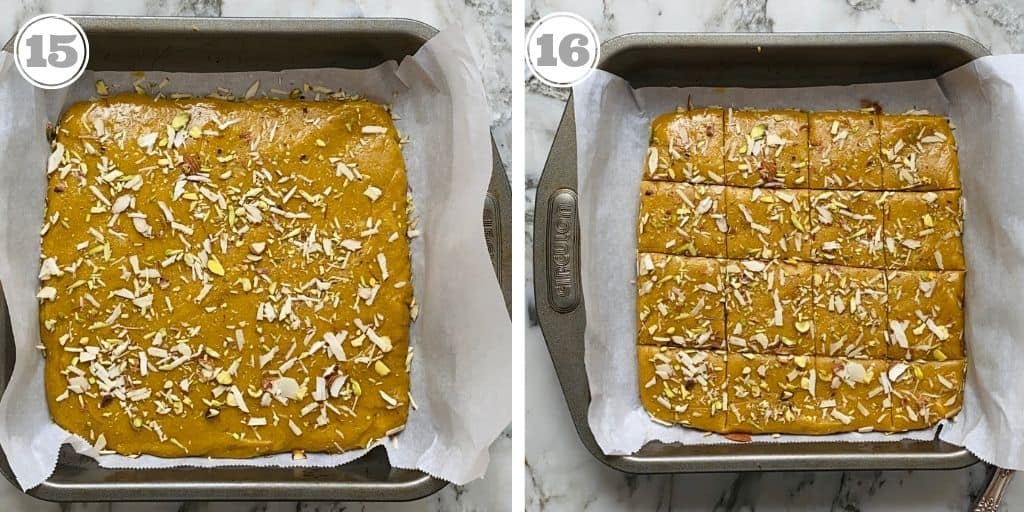 photos fifteen and sixteen showing besan burfi sqaures garnished with nuts. 