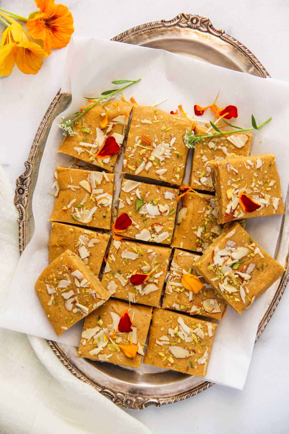 Besan Barfi in a silver platter