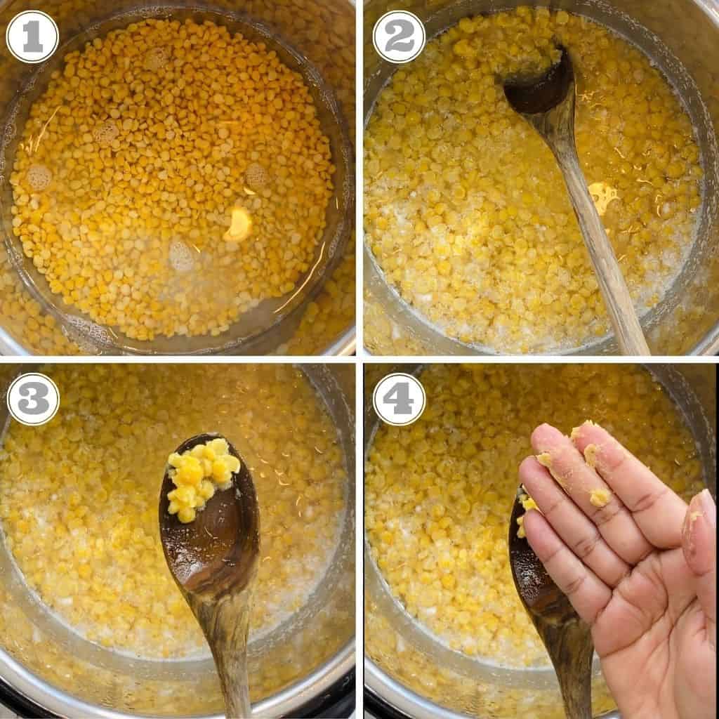photos one through four showing how to cook chana dal 