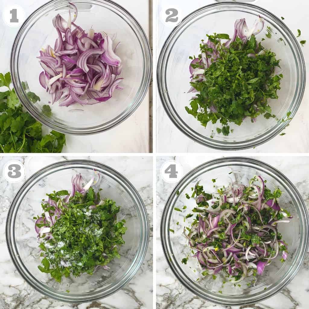 photos one through four showing prepping veggies for onion pakoras 