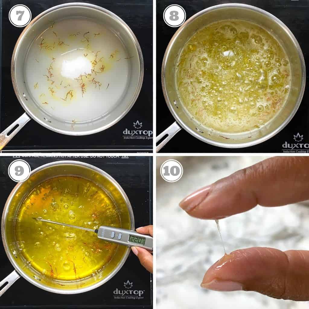 photos seven through ten showing how to make sugar syrup 