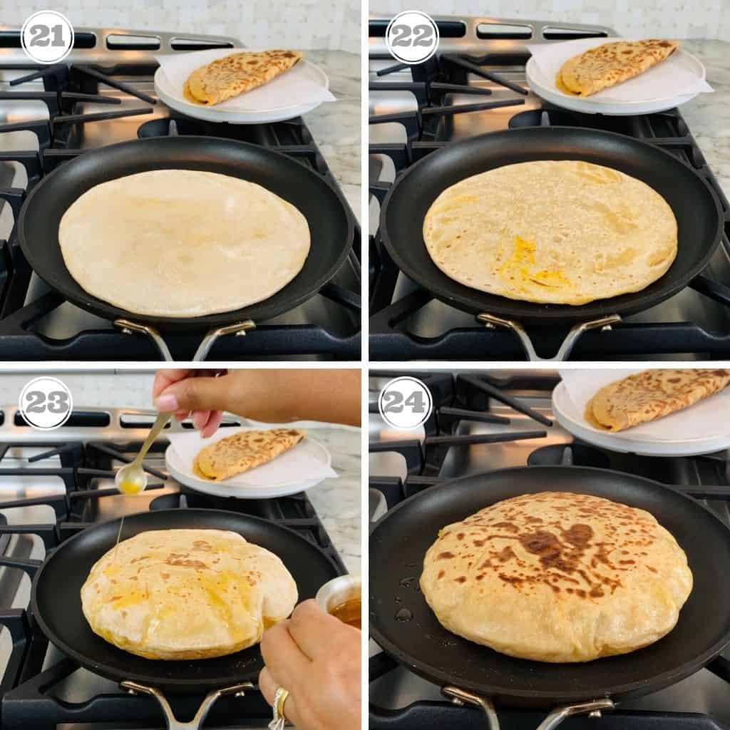 photos twenty one through twenty four showing how to cook puran poli on the pan