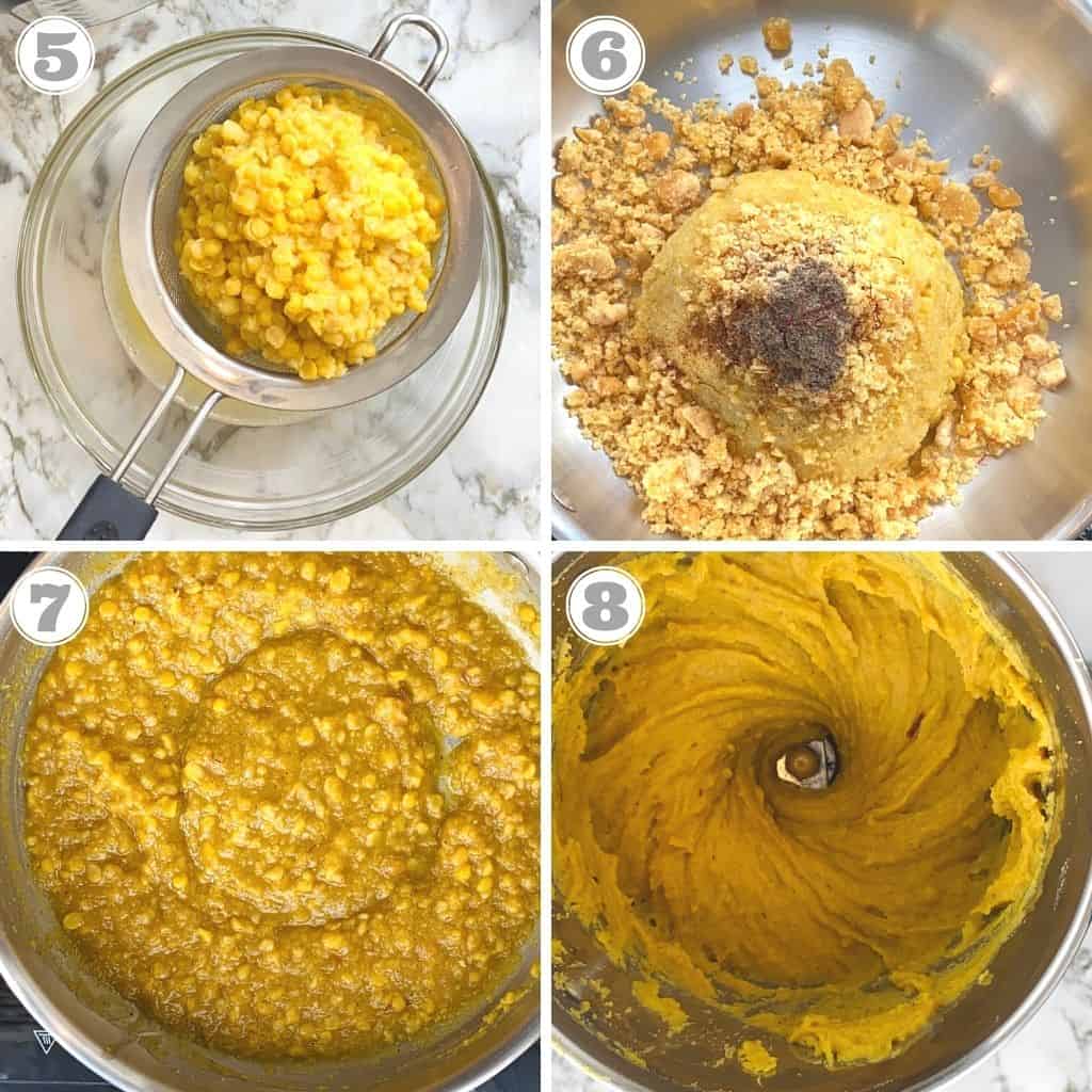 photos five through eight showing how to cook chana dal and jaggery for puran