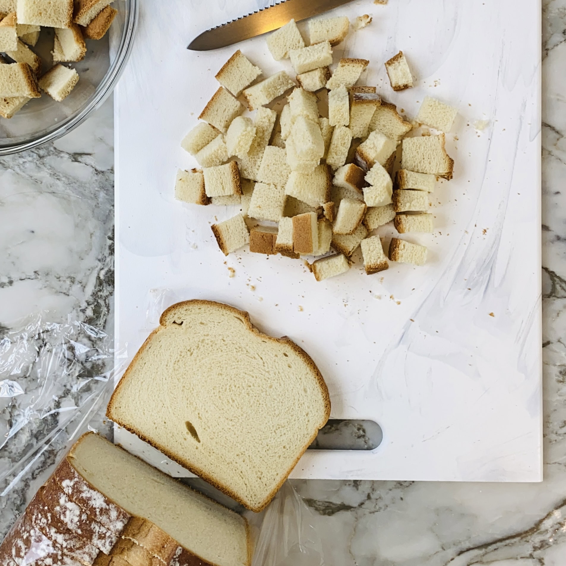 Bread sliced cut into cubes