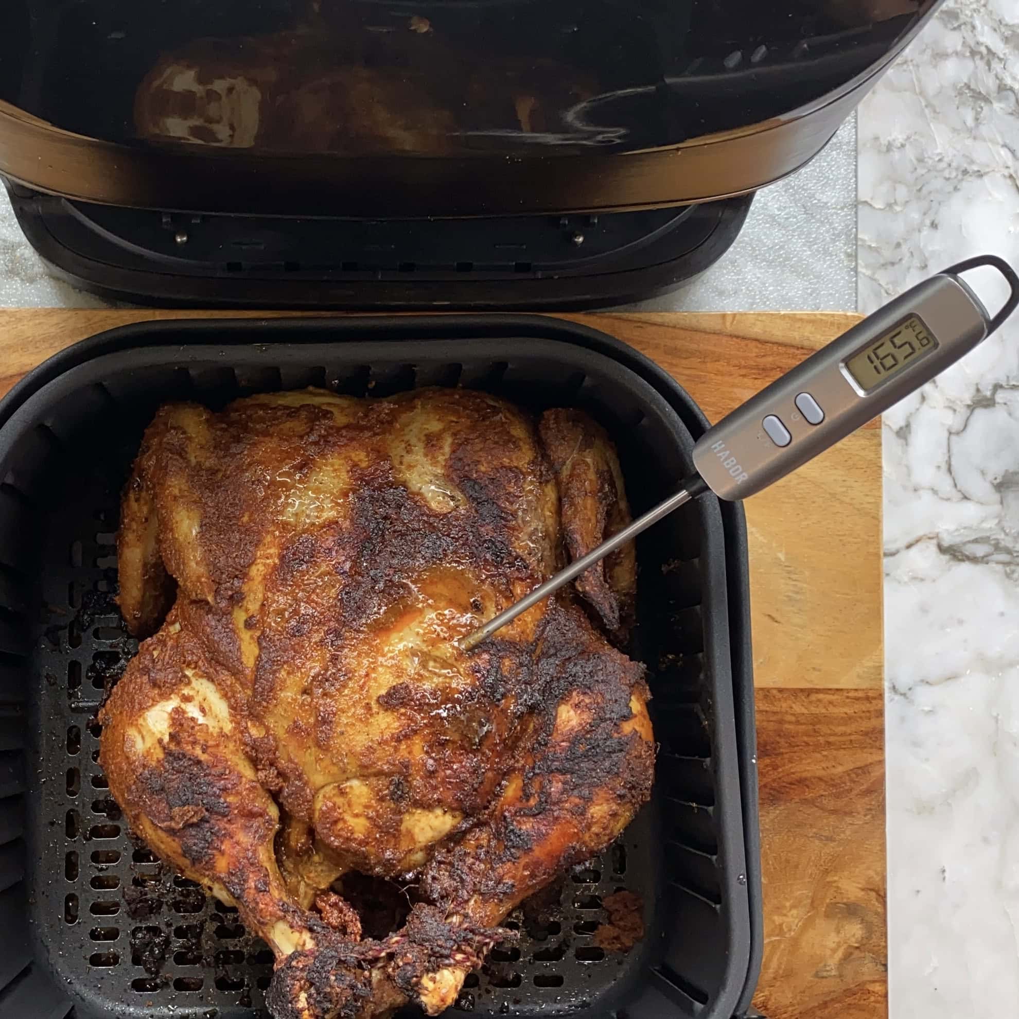 air fried roasted whole chicken with internal temp of 165 F. 