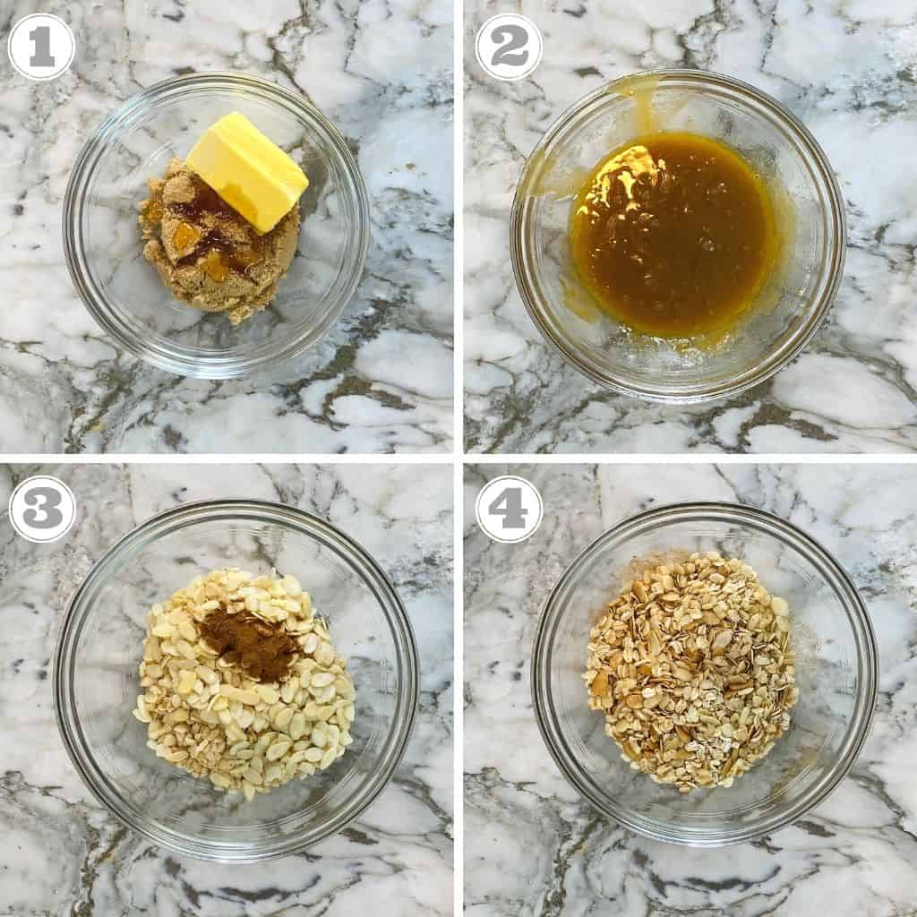 photos one through four showing mixing sugar, butter, oats and almonds 