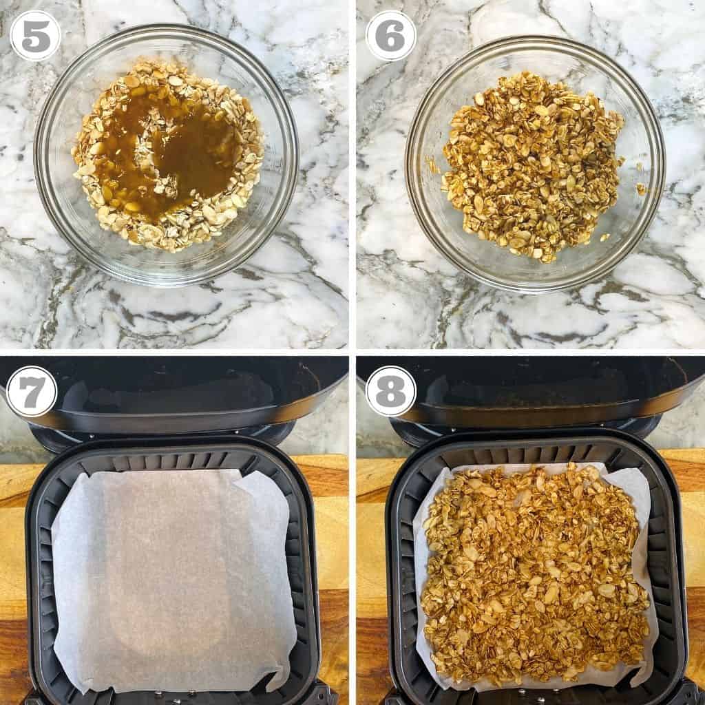 photos five through eight showing how to make granola in the air fryer 