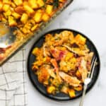 leftover casserole served in a black dish