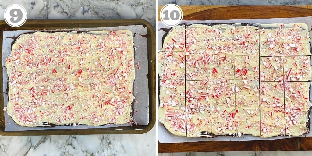 photos nine and ten showing chocolate bark cut into pieces 