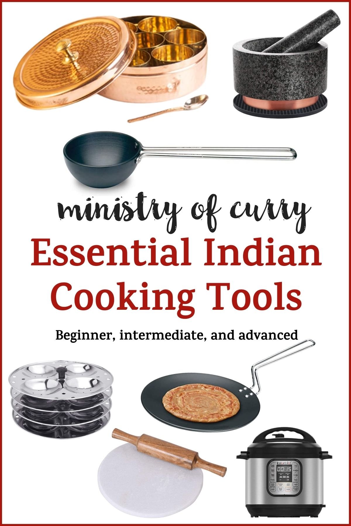 photo collage of essential Indian cooking tools 