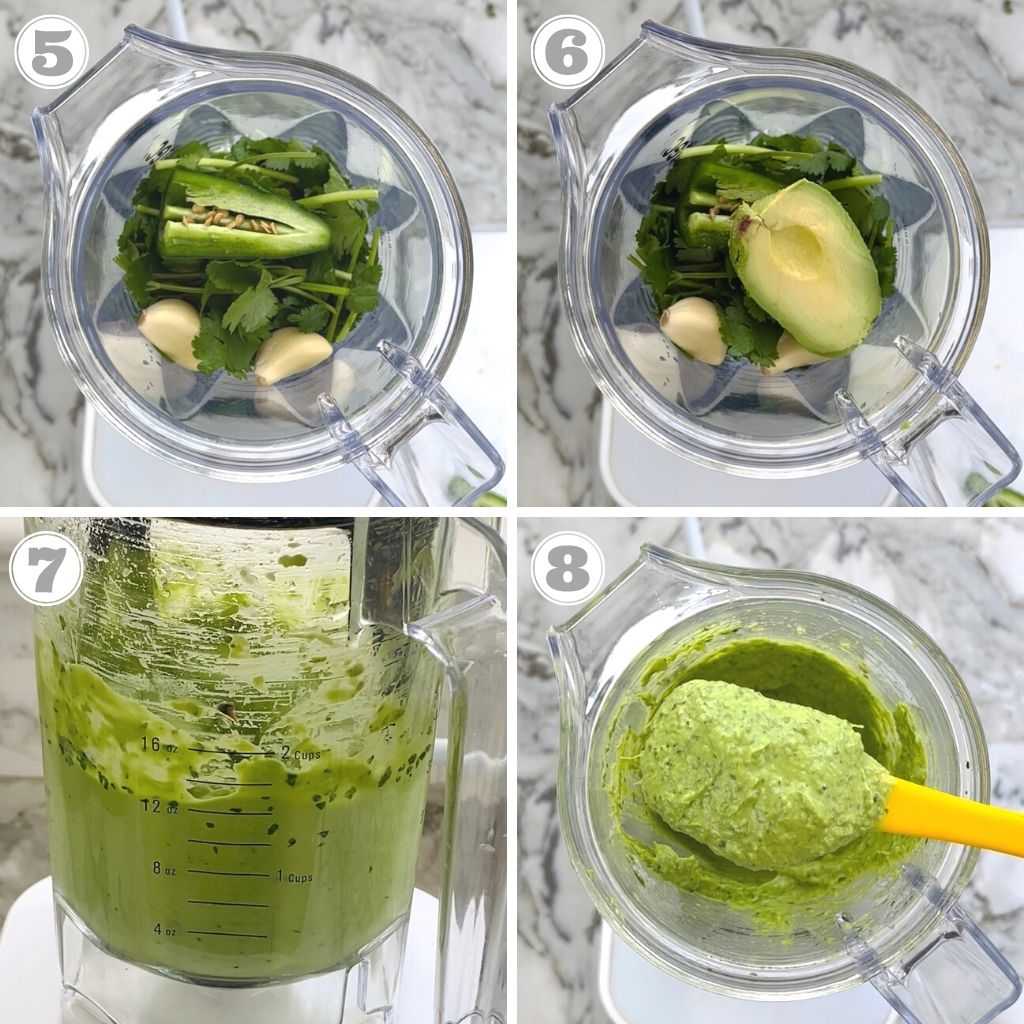 photos five through eight showing how to make spicy avocado dressing
