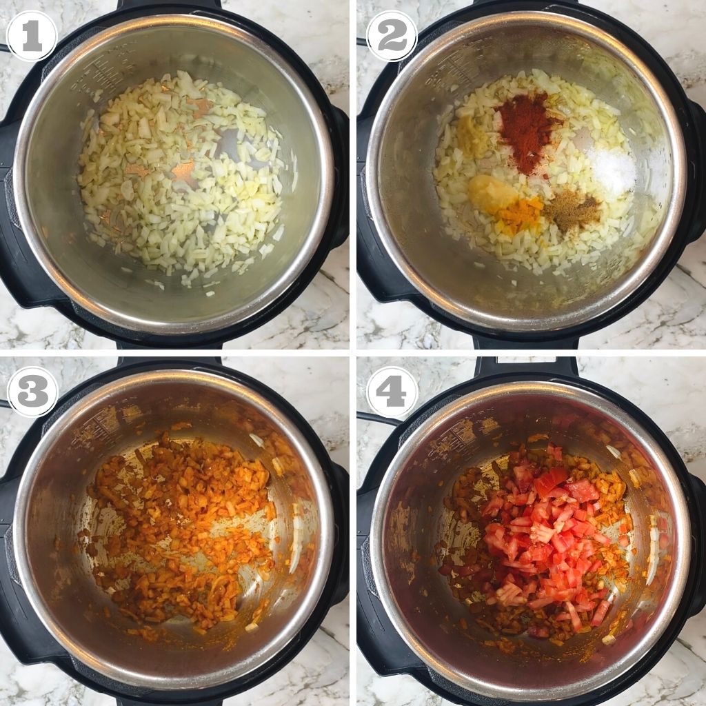 photos one through four showing sauteeing of aromatics and spices in Instant Pot 