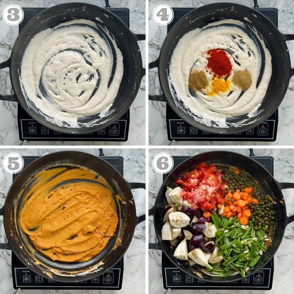 photos three through six showing how to cook the spice paste for the curry 