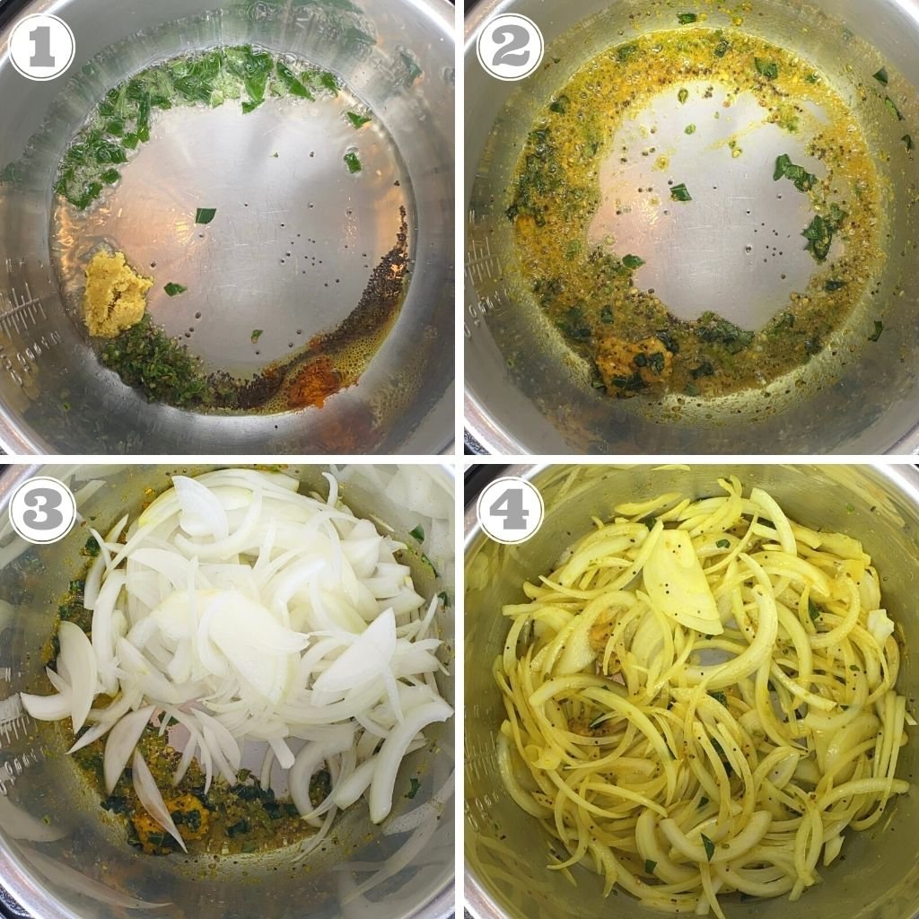 photos one through four showing how to saute spices and onions 