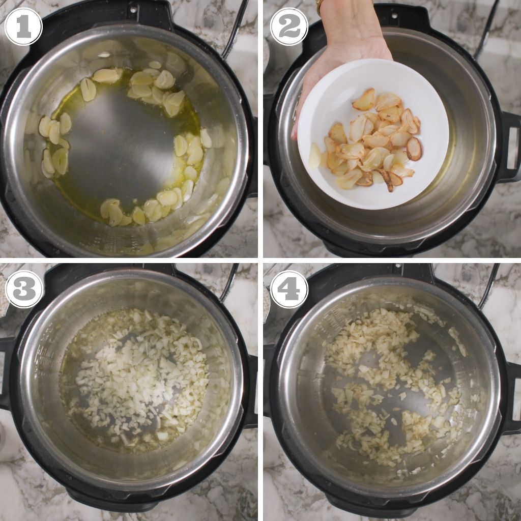 photos one through four showing sauteeing of garlic and onions in the Instant Pot