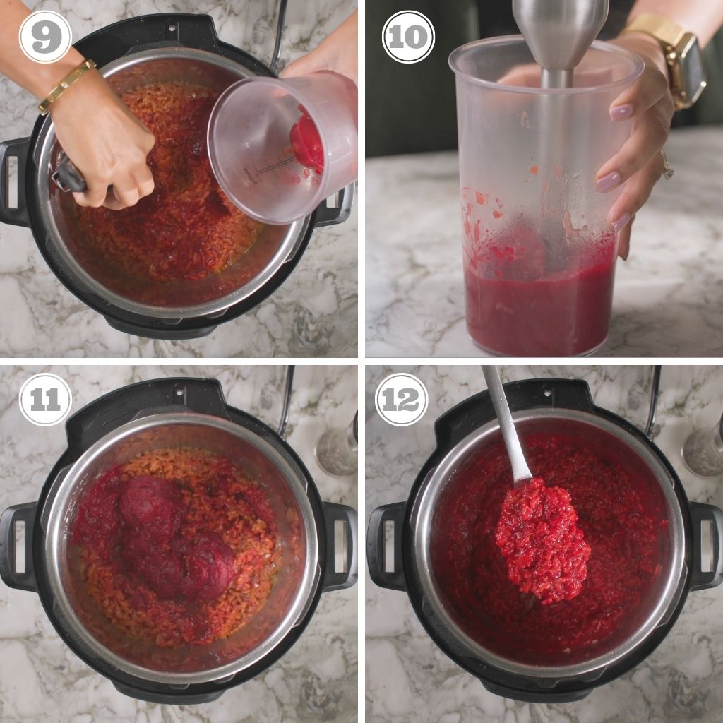 photos nine through twelve showing pureed beets added to risotto 