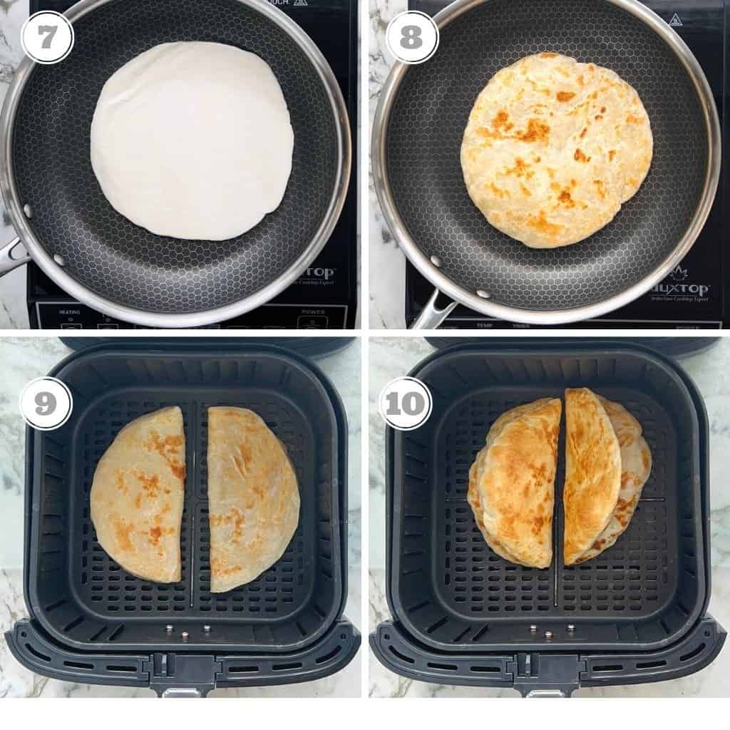 photos seven through ten showing how to cook Kawan Parathas to make the chalupa shells 