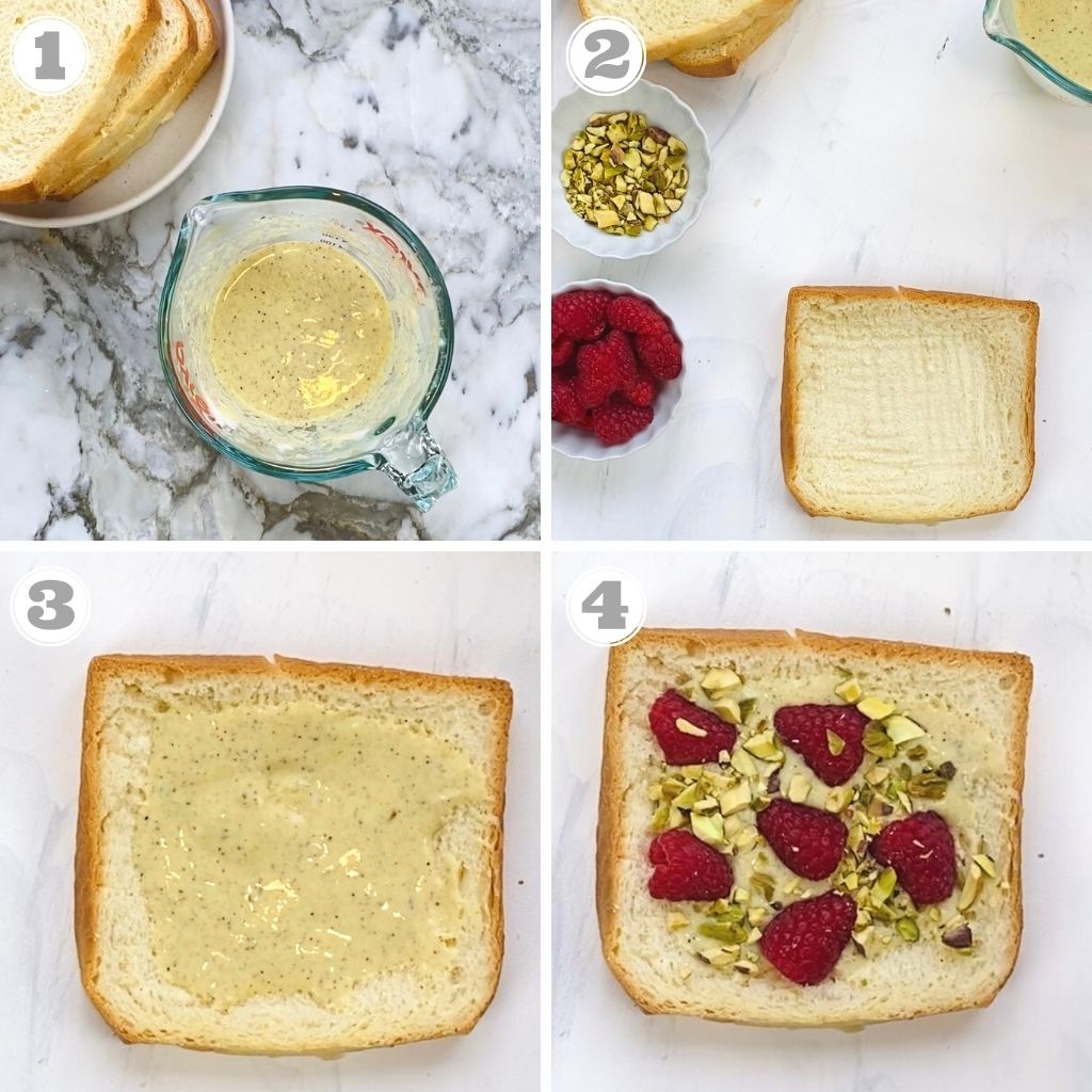 steps 1 though four showing how to prepare the yogurt toast 