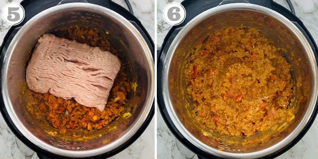 steps showing adding ground chicken and water to Instant Pot