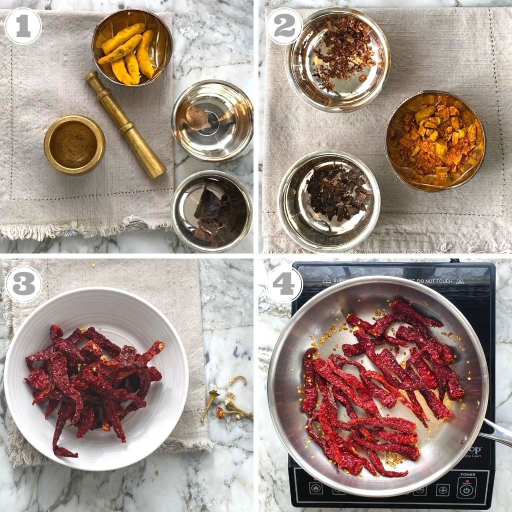 photos one through four showing how to prep whole spices for the spice blends