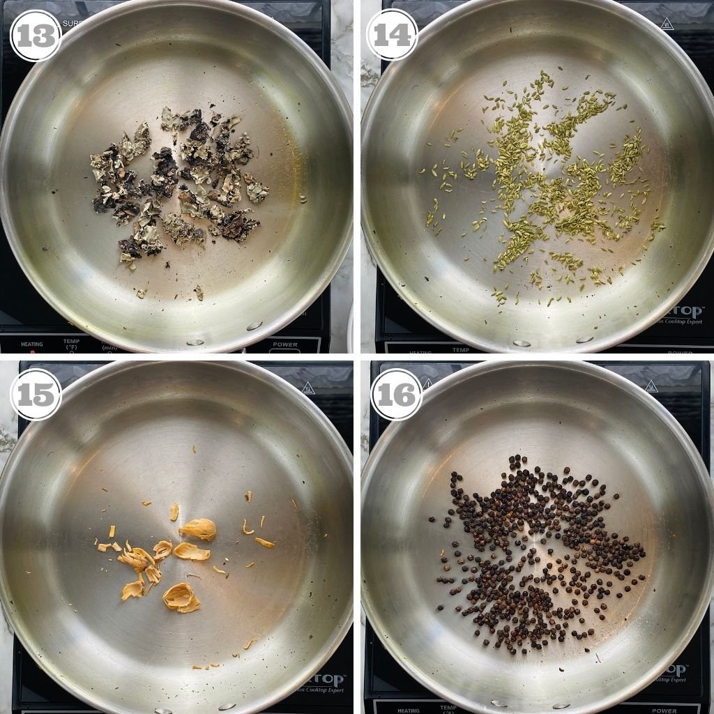 photos thirteen through sixteen showing roasting of whole spices 